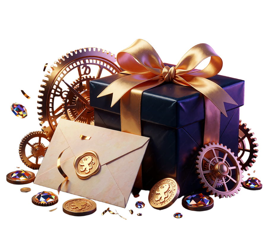 Granatowe pudełko z satynową złotą kokardą i koperta z lwią pieczęcią - oferty urodzinowe w Goldbet VIP