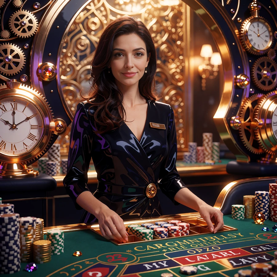 Uśmiechnięta krupierka przy zielonym stole live casino ze stosami żeton&oacute;w w Goldbet