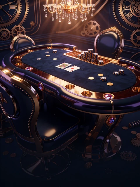 Elegancki zakrzywiony st&oacute;ł do bakarata z granatowym suknem i złotą lam&oacute;wką pod kryształowym żyrandolem - baccarat live
