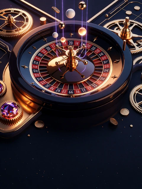 Koło ruletki widziane z g&oacute;ry, nad kt&oacute;rym unoszą się biała kulka i złote orby w fioletowych snopach światła - Gravity Roulette