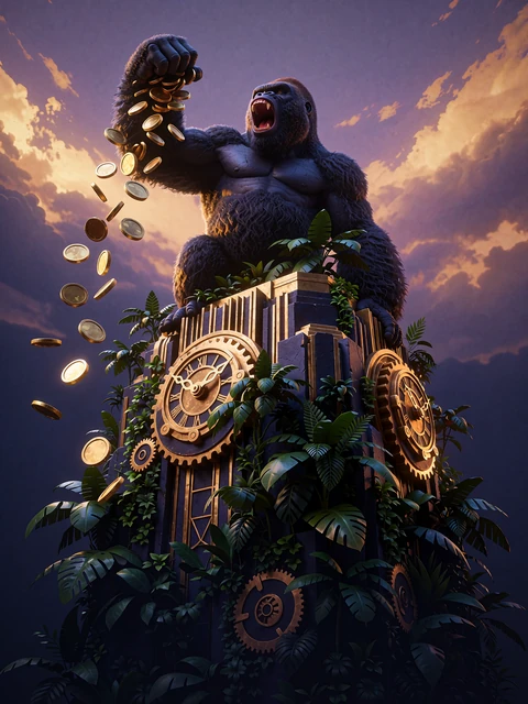 Ogromna goryla na szczycie porośniętej dżunglą wieży art d&eacute;co sypie złote monety - slot King Kong Cash