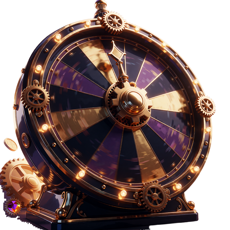Złote koło fortuny z lampkami na obrzeżu i brązową piastą w kształcie koła zębatego - Wheel of Fortune w Goldbet